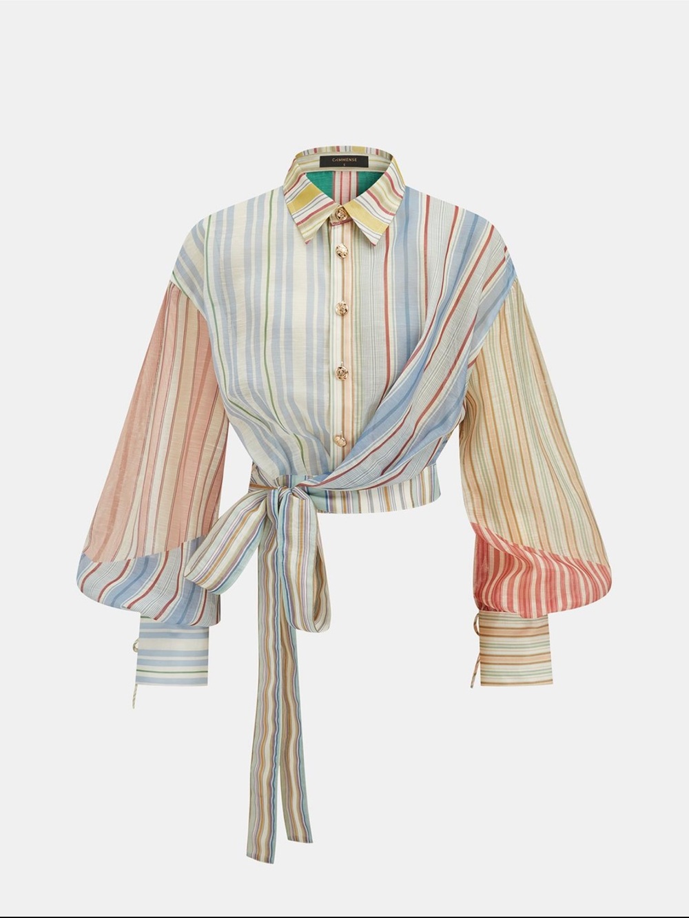 COMMENSE Multicolor Striped Tie Waist Blouse Gold Buttons NWT Med